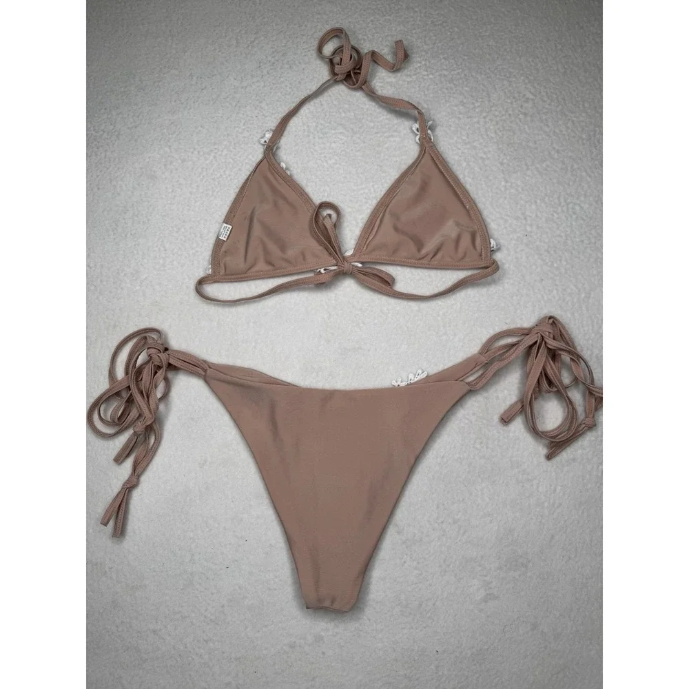 Size M Women's Nude White Lace Rhinestone Tie Side Bikini Swimsuit Set